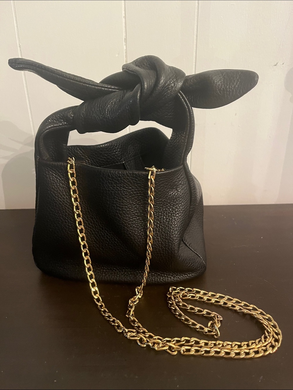 Cuyana Black Pebbled Leather Small Bow Bag with Gold Chain